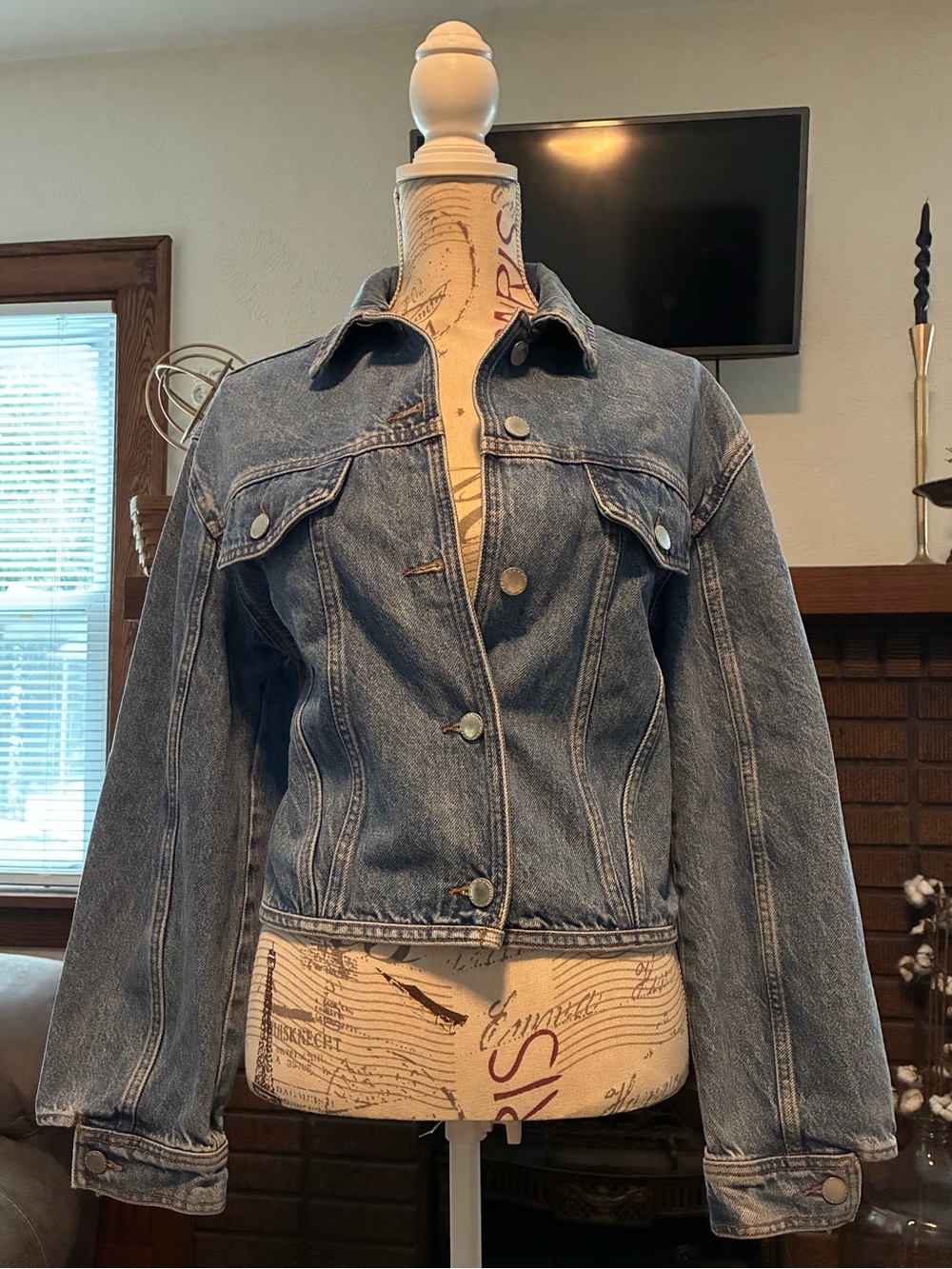 Maje Bisou Lace-Up Blue Cropped Denim Jacket, Size 38